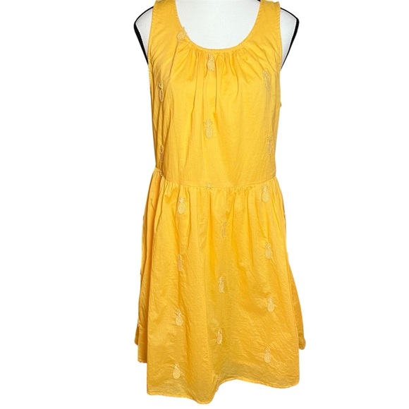 J Crew Mini Dress Size 10 Embroidered Pineapple Fit and Flare Yellow Cotton - Picture 1 of 7